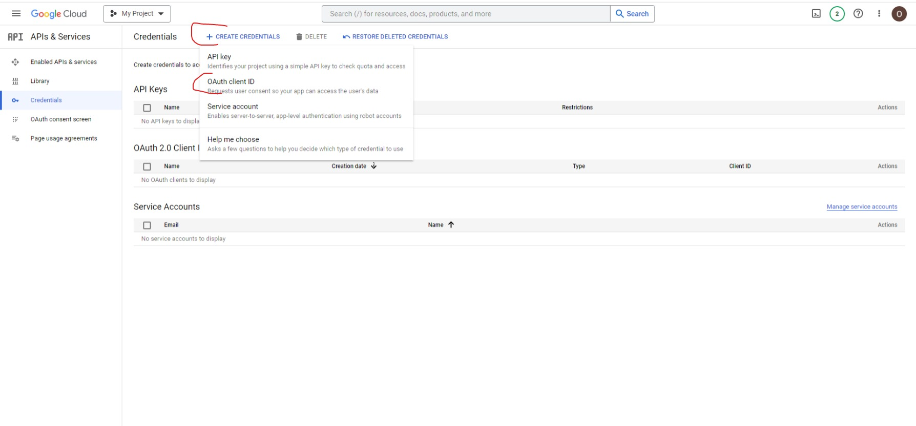 Screenshot - Google API Console - Create Credentials