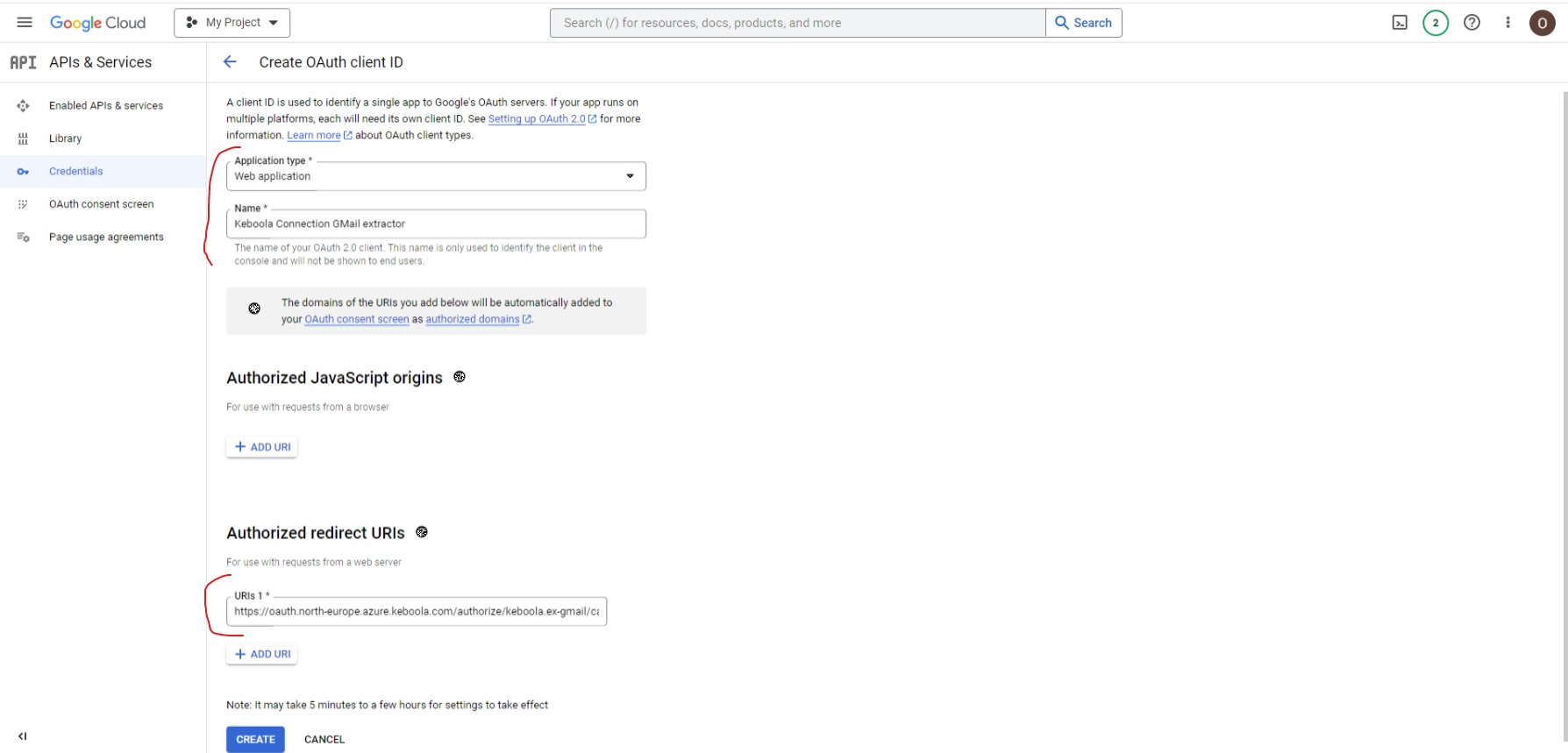 Screenshot - Google API Console - Fill Credentials