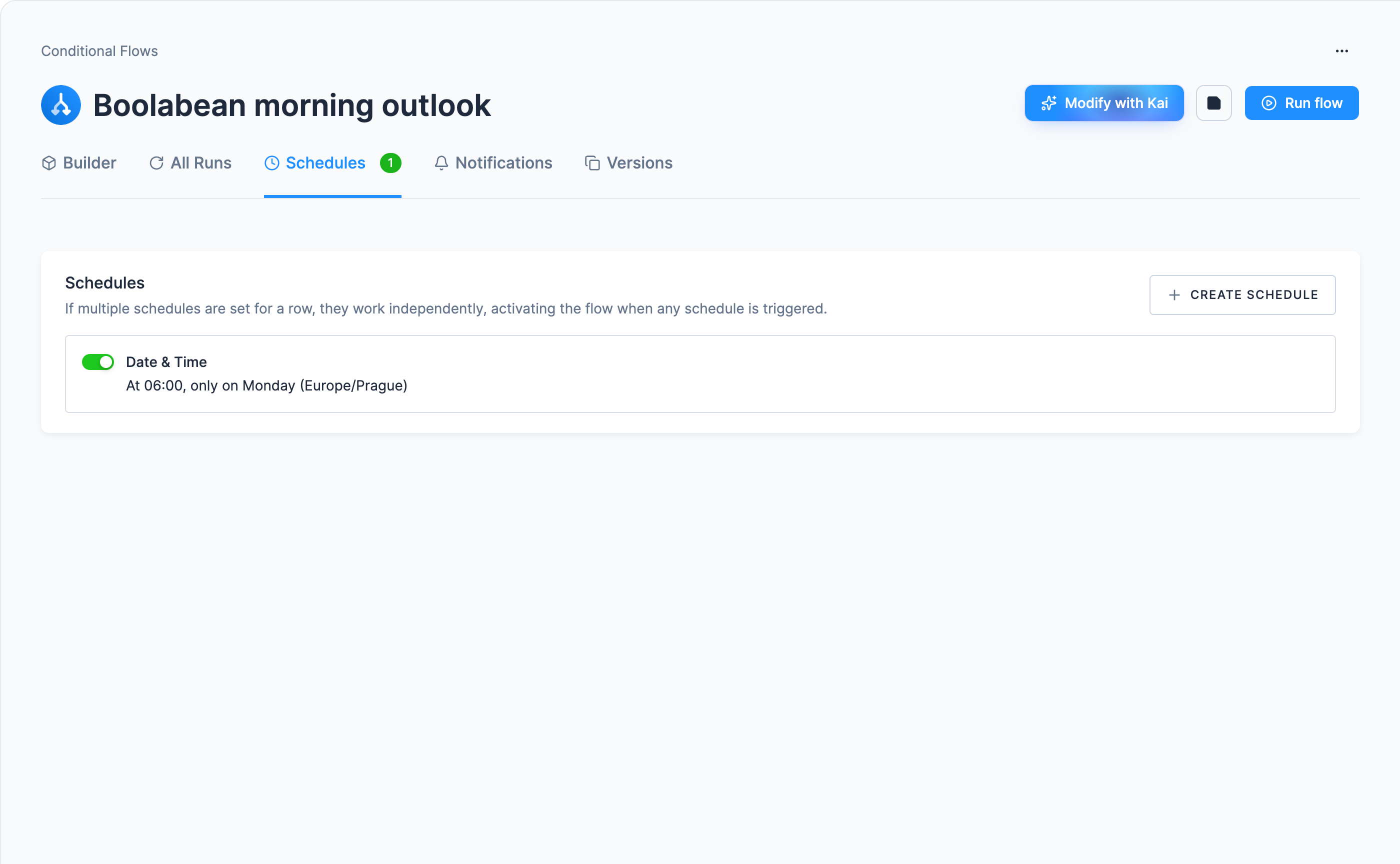 Screenshot - The flow's Schedules tab with one Date and Time schedule, At 06, only on Monday (Europe/Prague), and its toggle switched on