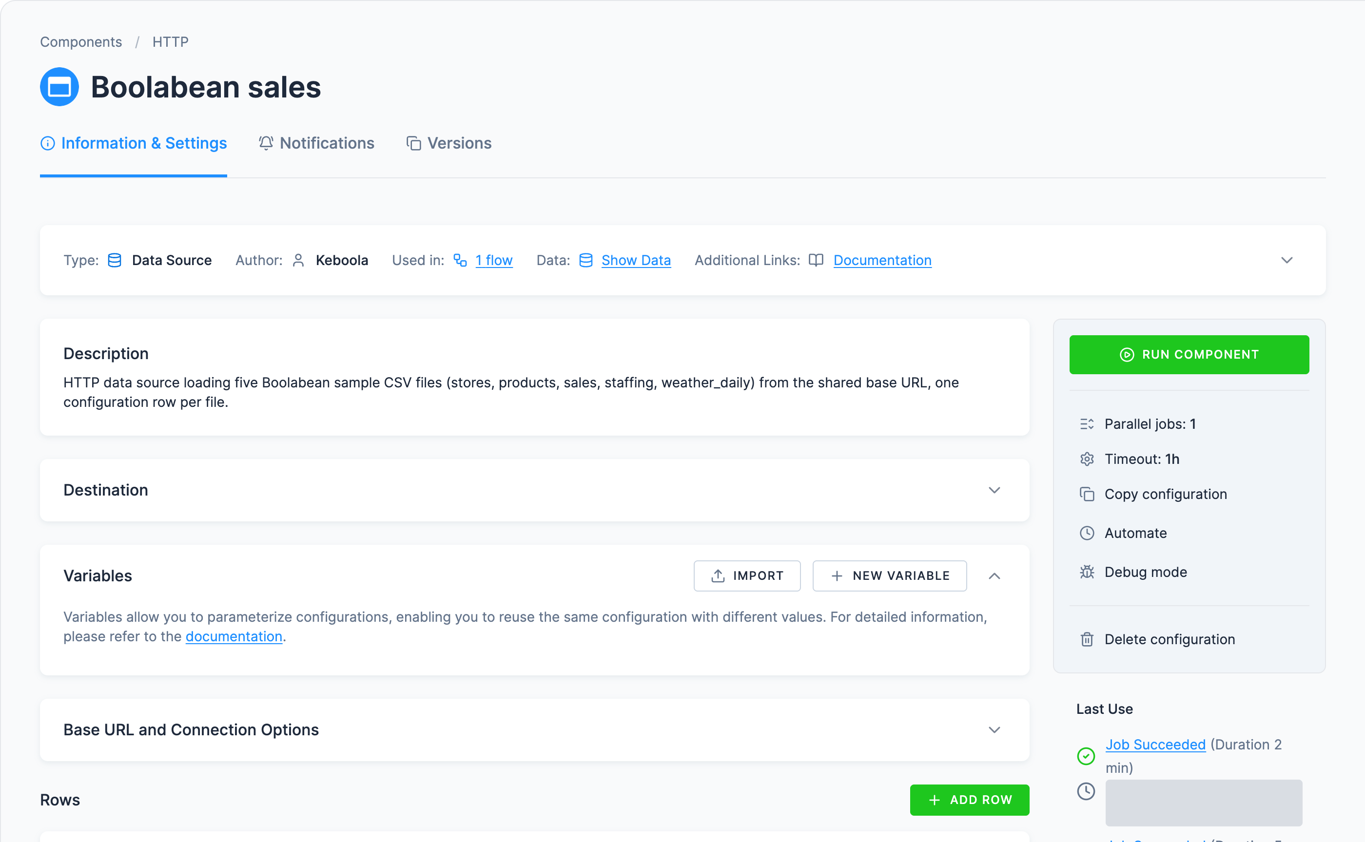 Screenshot - The Boolabean sales configuration page with the green Run Component button at the top of the right-hand panel and, further down, the Rows section with its Add Row button