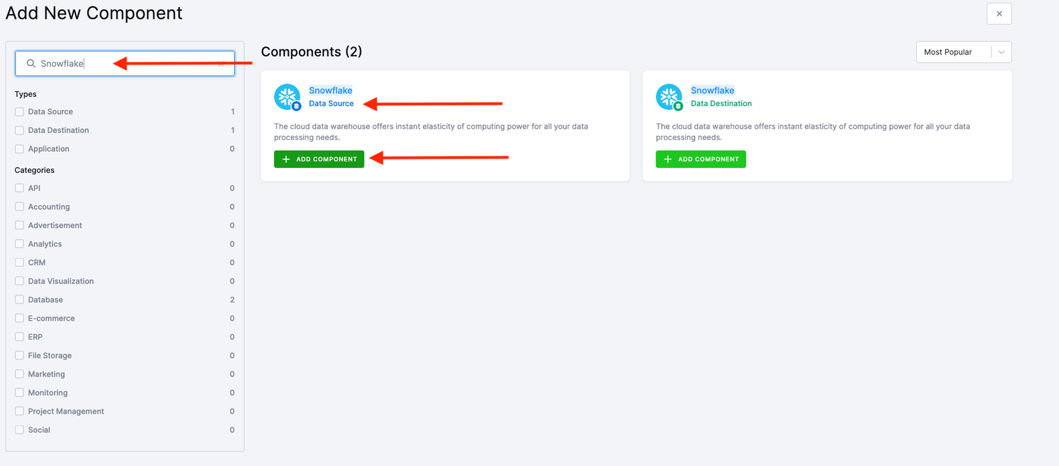 Screenshot - The Add New Component page searched for Snowflake, with red arrows on the search box, the Snowflake Data Source card and its Add Component button, next to the Snowflake Data Destination card