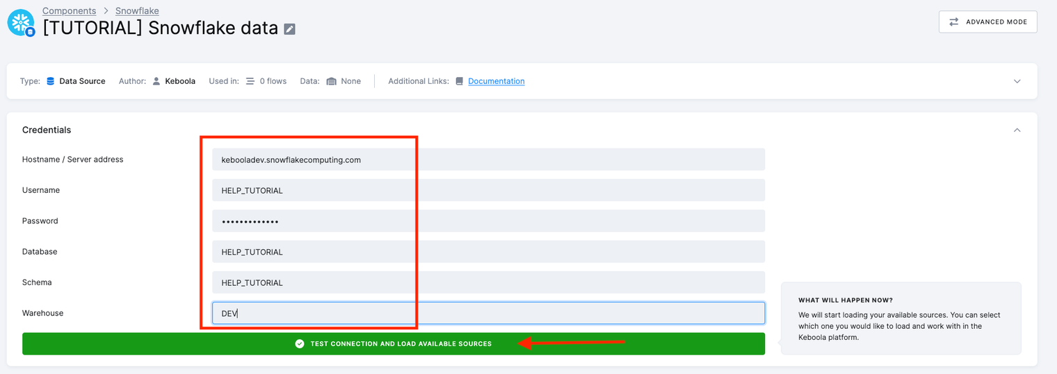 Screenshot - The Credentials section filled in with host kebooladev.snowflakecomputing.com, HELP_TUTORIAL as username, database and schema, warehouse DEV, and an arrow on Test Connection and Load Available Sources