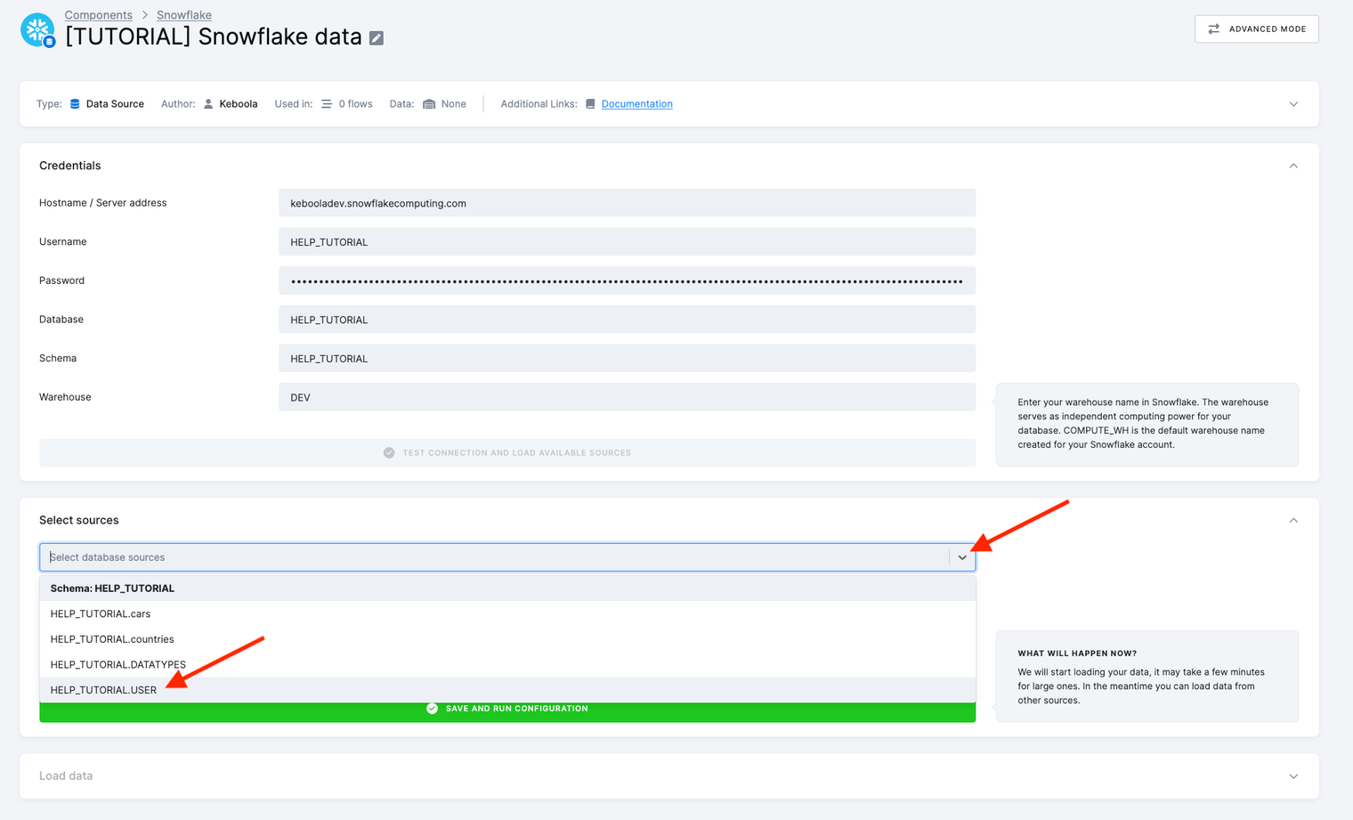 Screenshot - The Select sources section with the Select database sources list open on schema HELP_TUTORIAL, showing the cars, countries, DATATYPES and USER tables, and red arrows on the list toggle and on USER