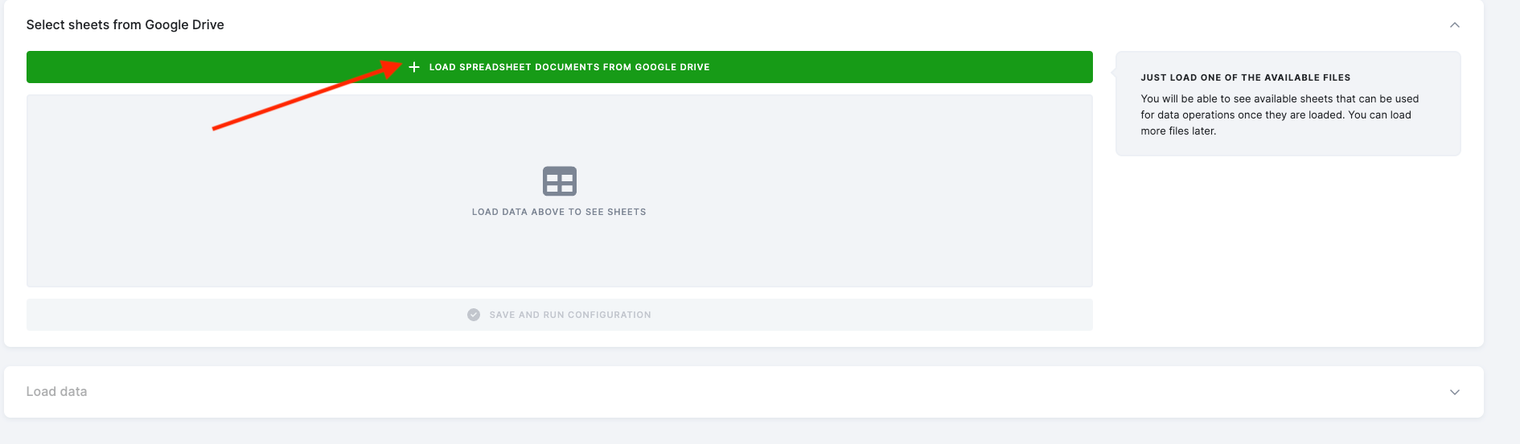 Screenshot - The Select sheets from Google Drive section with a red arrow on the green Load Spreadsheet Documents from Google Drive button, above an empty area that reads Load data above to see sheets
