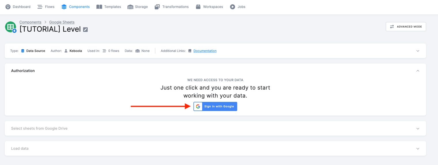 Screenshot - The new Google Sheets configuration page with a red arrow on the Sign in with Google button in the Authorization section, above the Select sheets from Google Drive and Load data sections