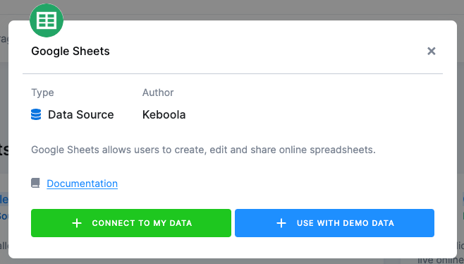 Screenshot - The Google Sheets data source dialog with the green Connect To My Data button next to the blue Use With Demo Data button