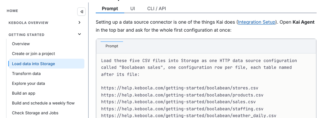 Choosing the CLI / API tab on one page, then opening the next page in the guide, which is already showing its CLI / API tab