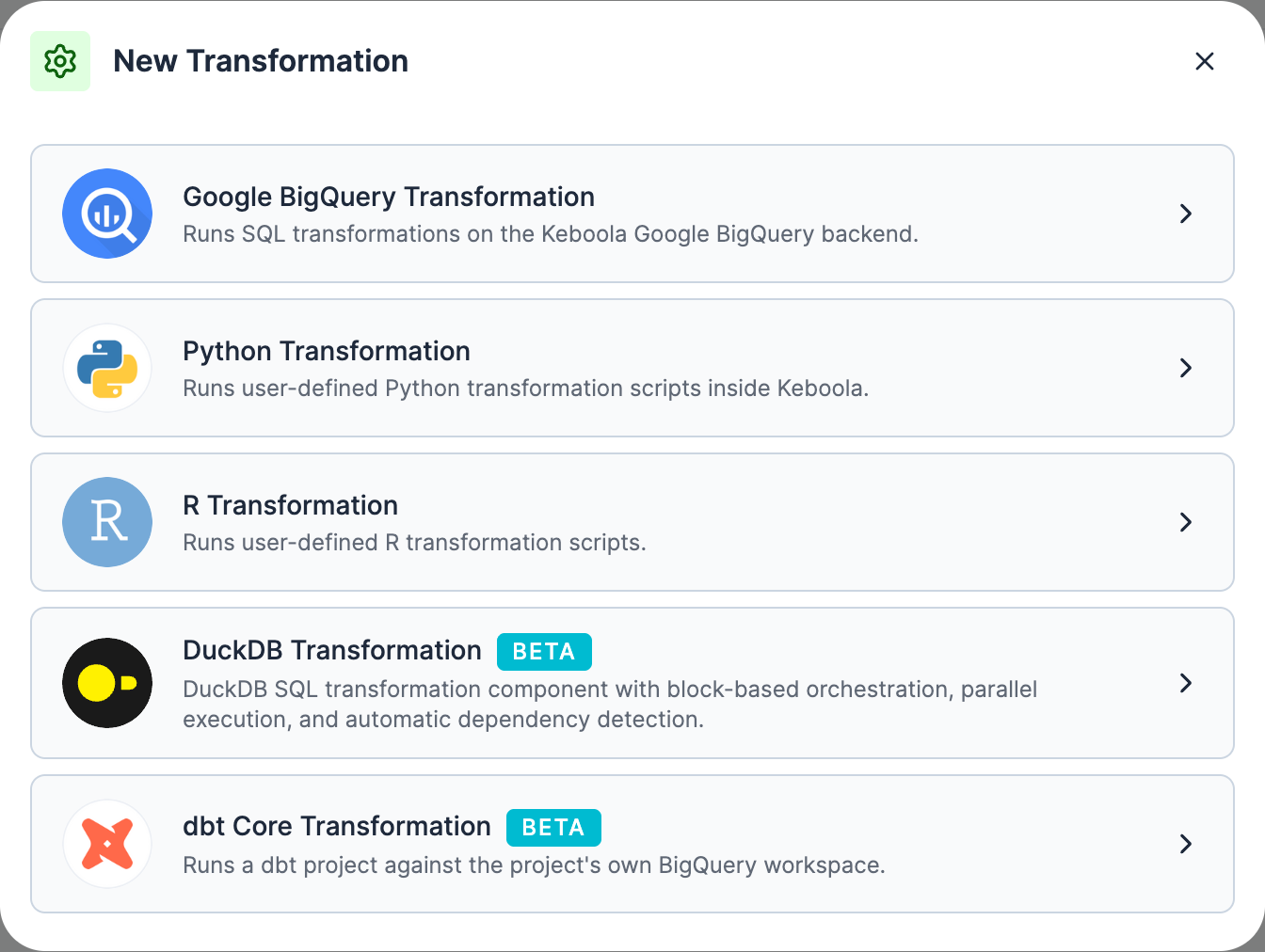 Screenshot - The New Transformation dialog listing Google BigQuery Transformation first, then Python, R, DuckDB (Beta) and dbt Core (Beta) transformations