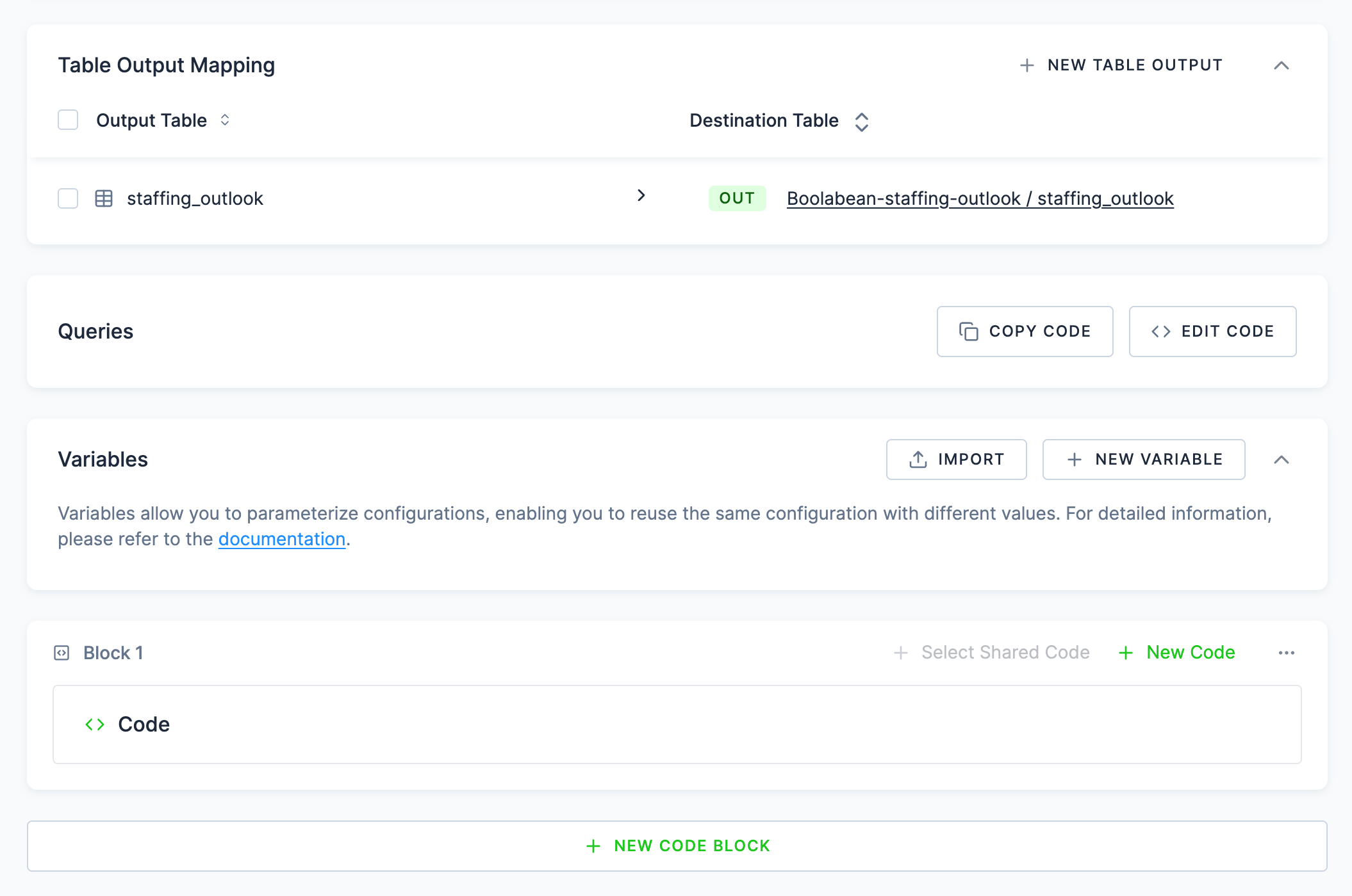 Screenshot - The transformation page after saving: Table Output Mapping with staffing_outlook, then Queries with Copy Code and Edit Code, and Block 1 holding one code named Code
