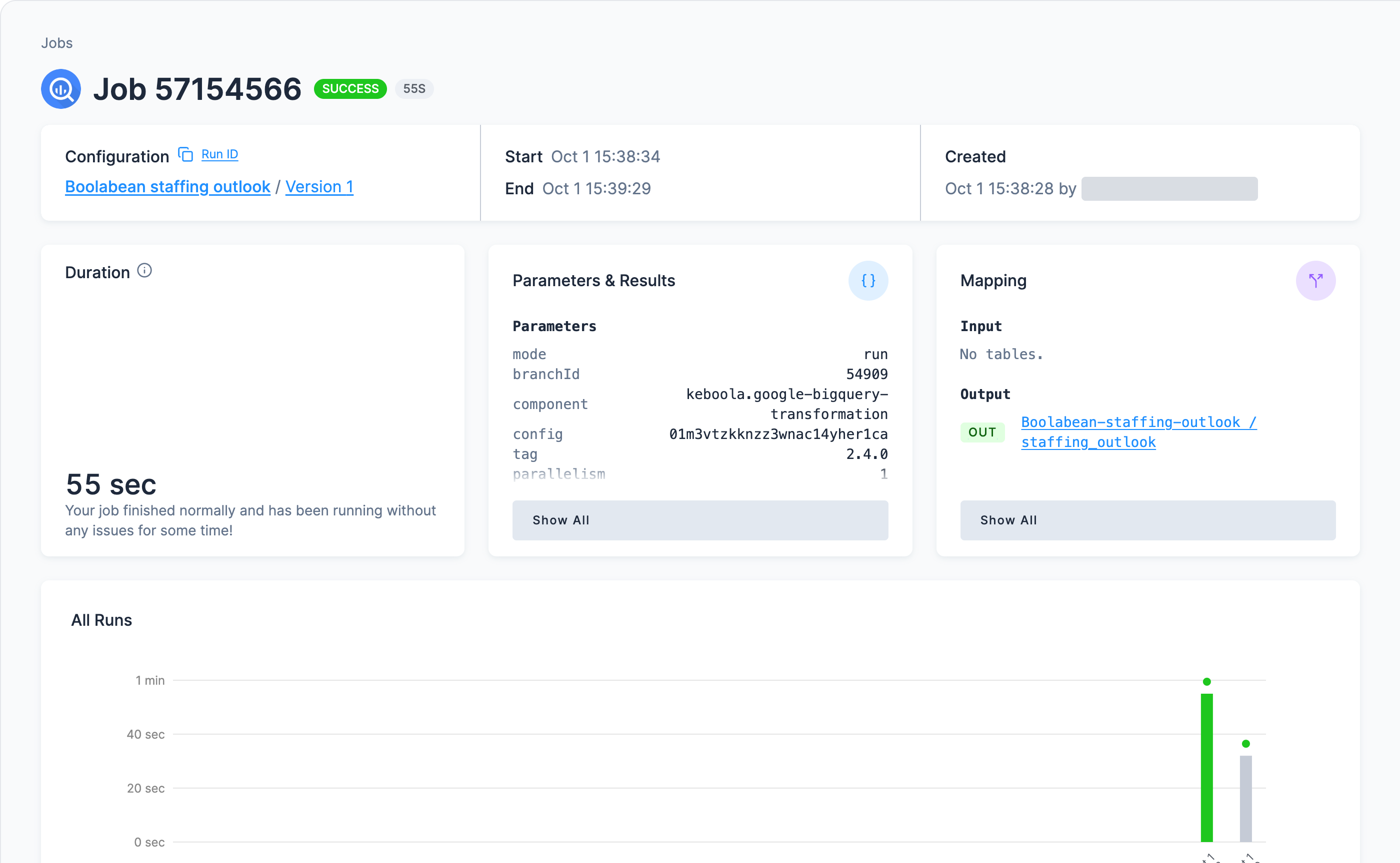Screenshot - The job page for Boolabean staffing outlook with a green Success badge, a 55 sec duration, and a Mapping card showing Input: No tables and Output staffing_outlook