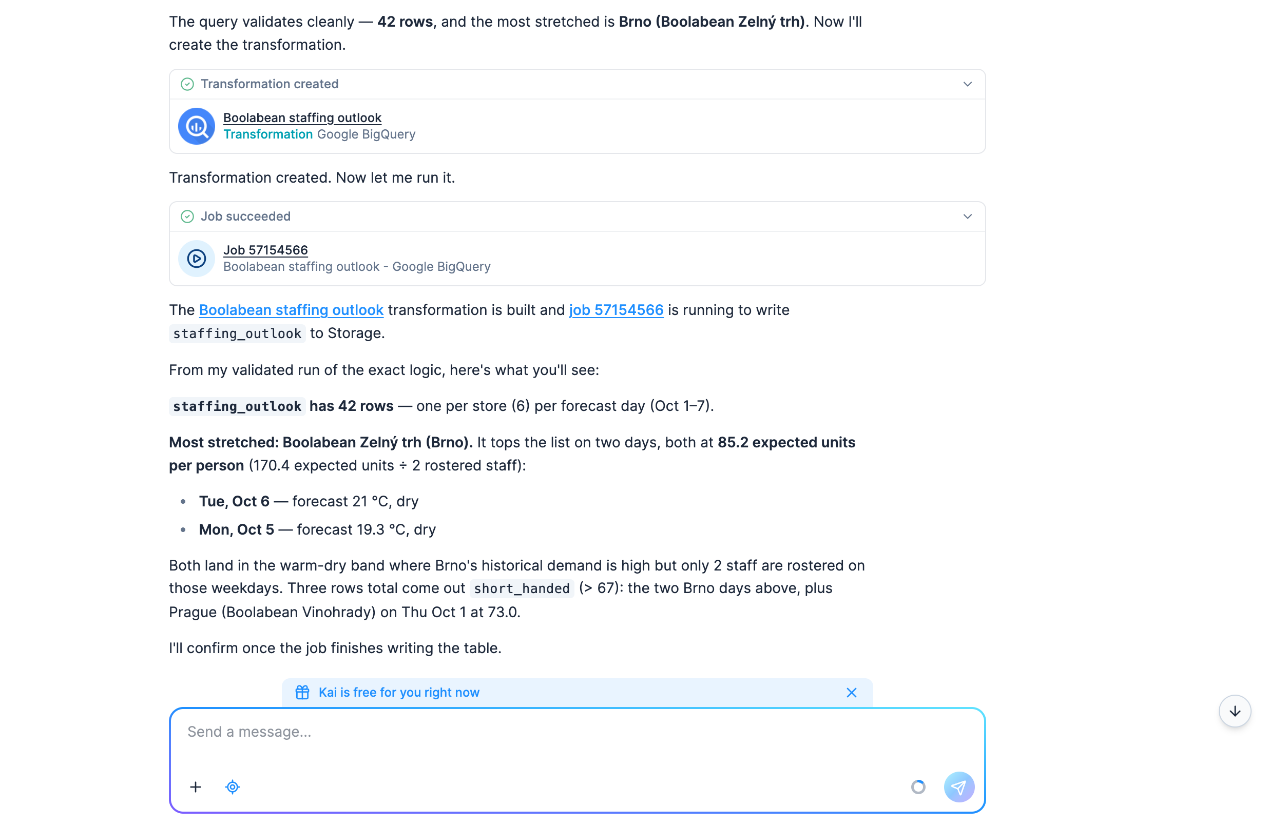Screenshot - The Kai chat after the transformation prompt: Transformation created, Boolabean staffing outlook, Google BigQuery; Job succeeded; then Kai's answer, 42 rows with Boolabean Zelný trh in Brno the most stretched on two days, three short-handed rows in all, and a closing line that it will confirm once the job has written the table