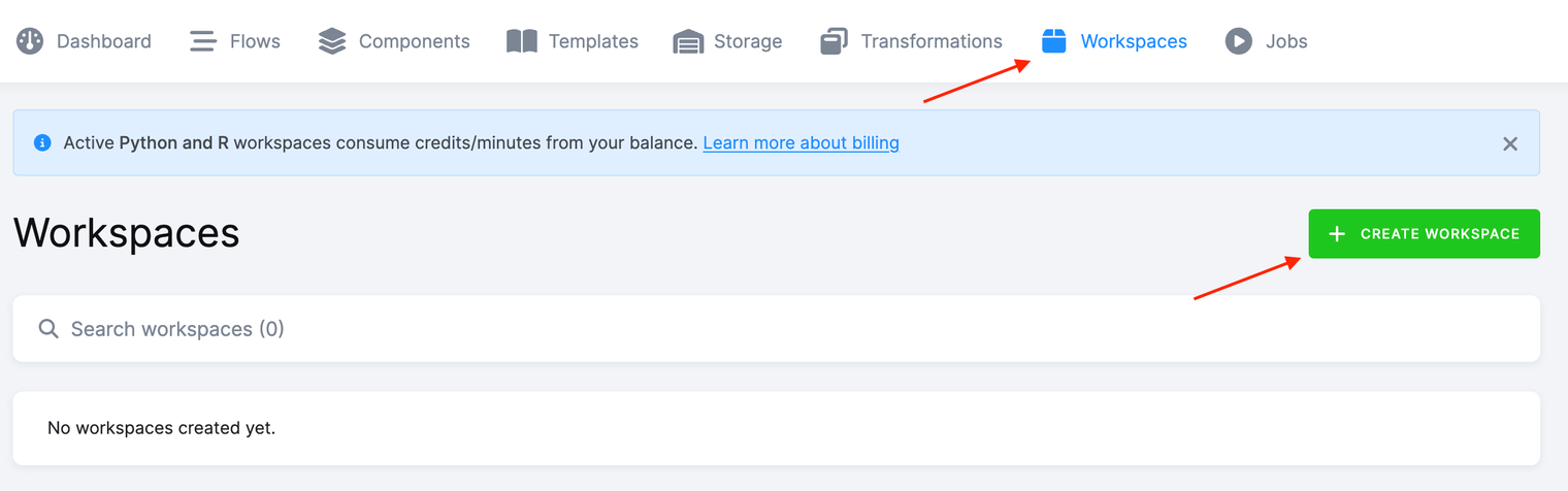 Screenshot - The Workspaces page with red arrows pointing to the Workspaces tab in the top navigation and to the green Create Workspace button, and no workspaces created yet