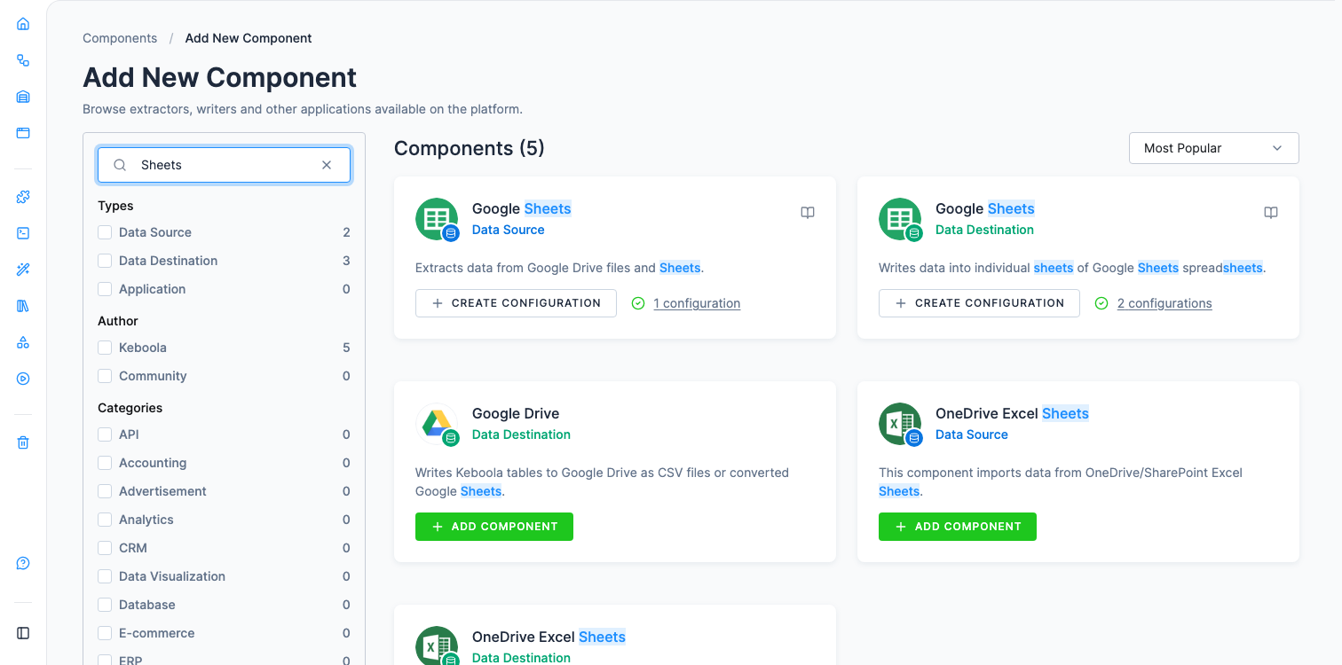 Screenshot - The Add New Component page with Sheets in the search box, listing Components (5): Google Sheets Data Source first, then Google Sheets Data Destination with its Create Configuration button