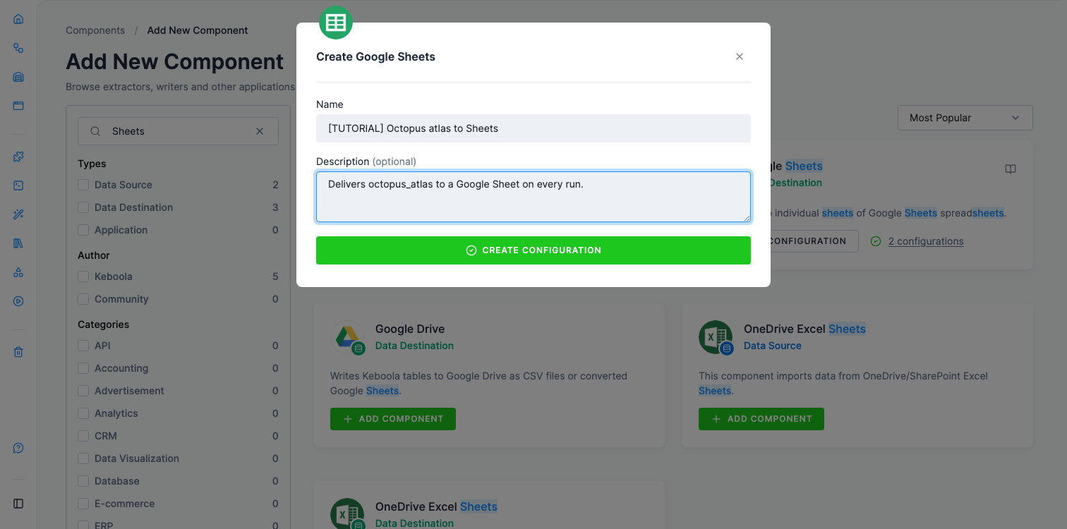 Screenshot - The Create Google Sheets dialog with Name and Description filled in and the Create Configuration button below