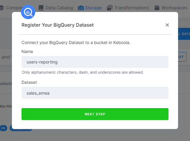 Register external data popup - BigQuery