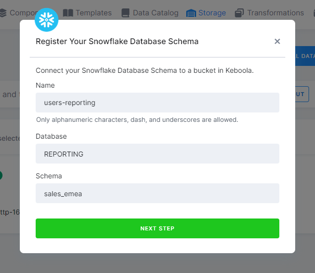 Register external data popup - Snowflake