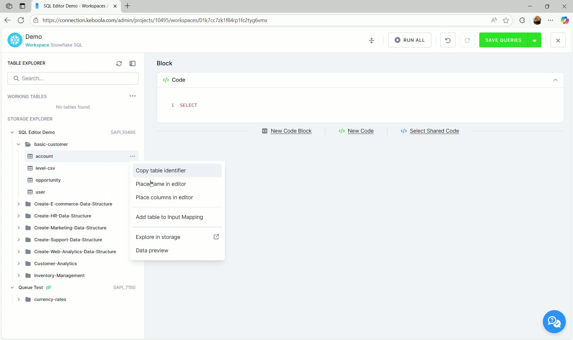 SQL Editor - Context menu showing Data preview option