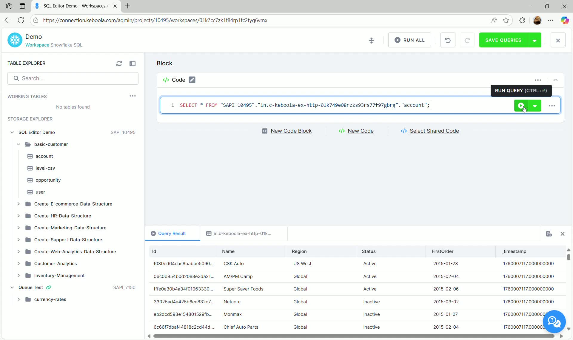 SQL Editor - Run query button with Ctrl+Enter shortcut hint