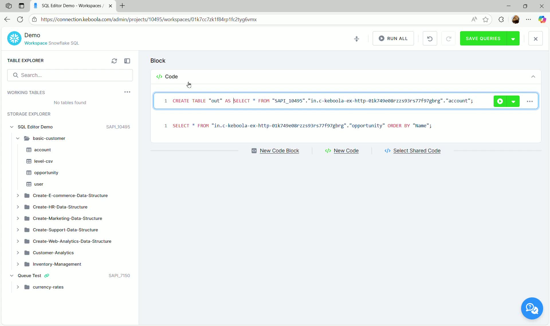 SQL Editor - SQL code block showing CREATE TABLE AS SELECT syntax