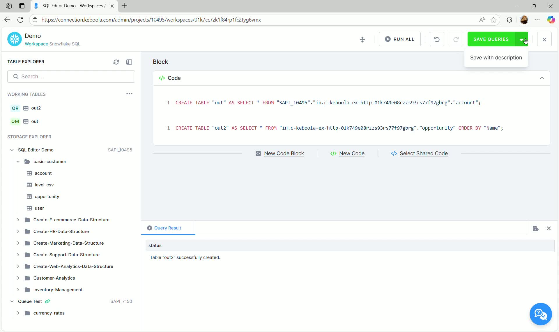 SQL Editor - Save Queries button menu