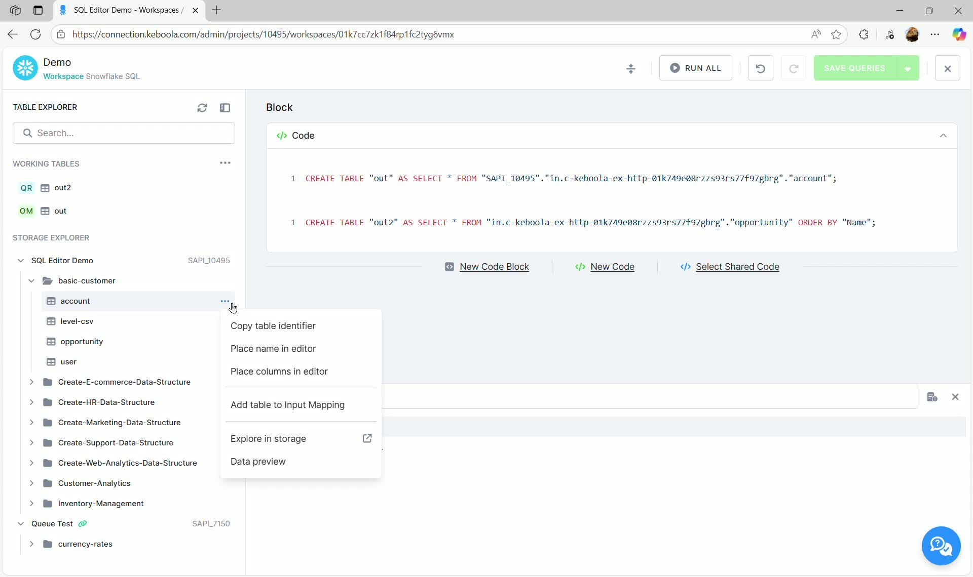 Context menu showing Add table to Input Mapping