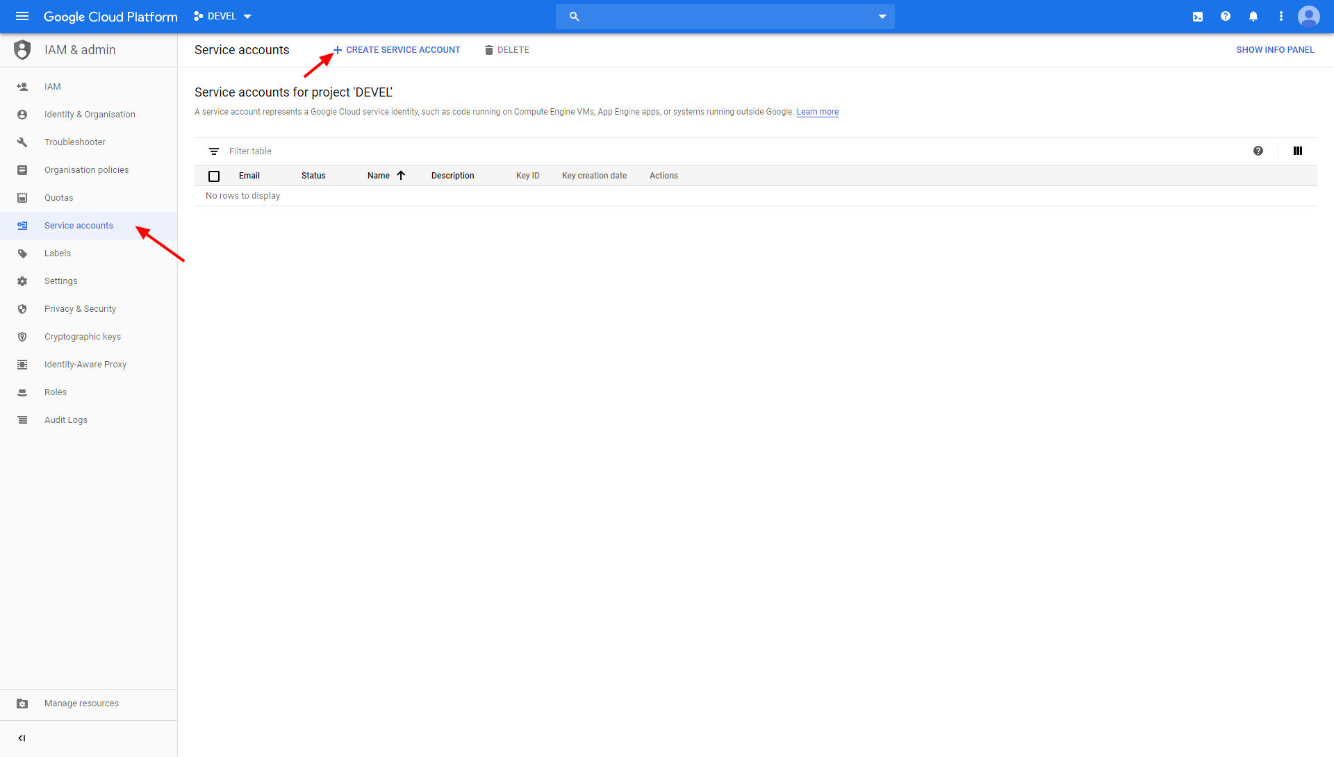 Screenshot - Google Service Account