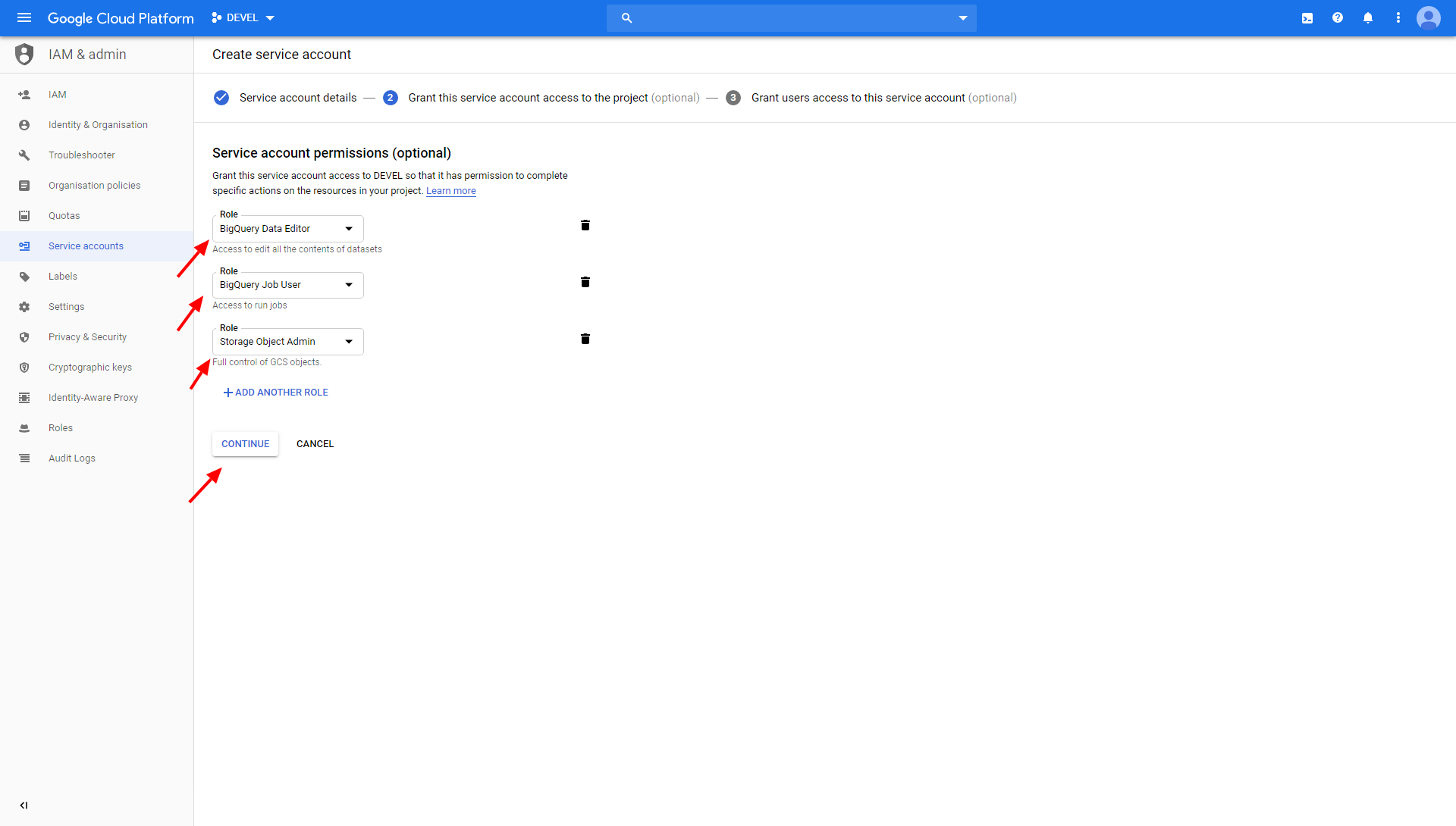 Screenshot - Google Service Account Permissions