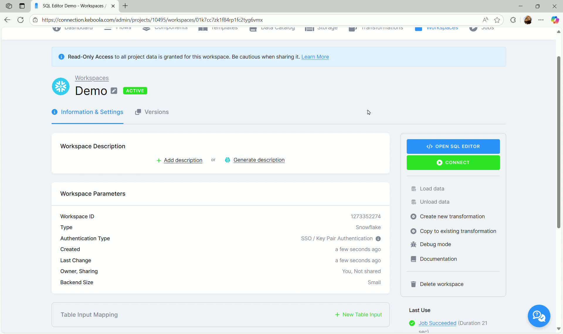 SQL Editor - Workspace details open editor button
