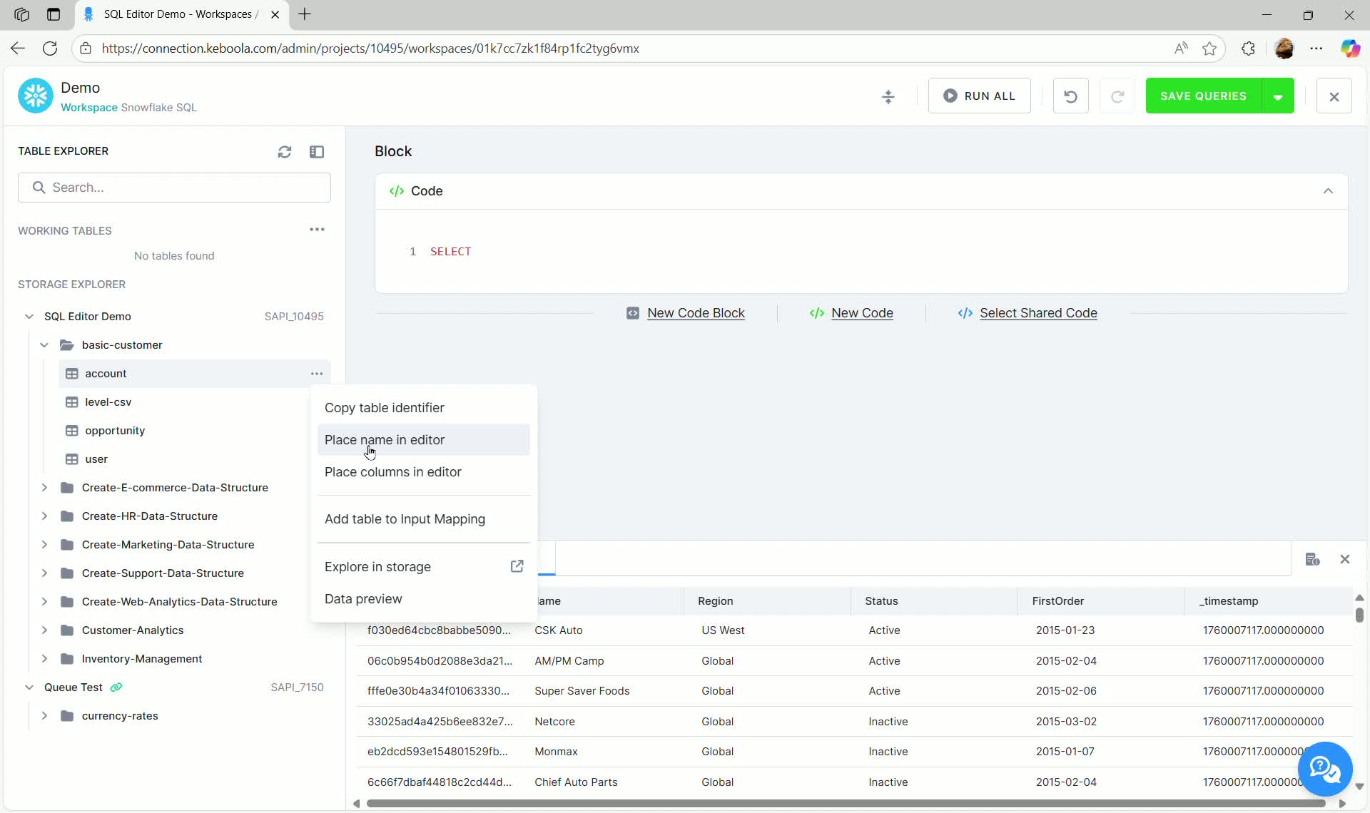 SQL Editor - Context menu showing Place name in editor option