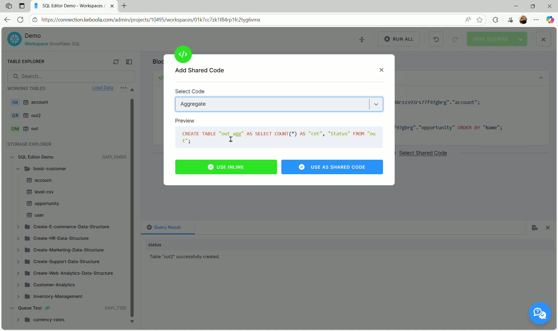 Shared Code dialog showing Aggregate selection